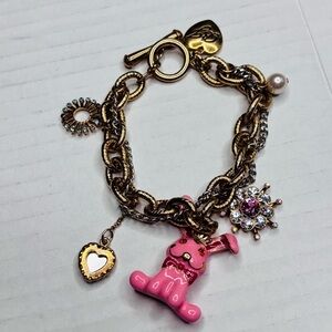 BETSY JOHNSON Vintage Gold Pink Bunny Charm Bracelet